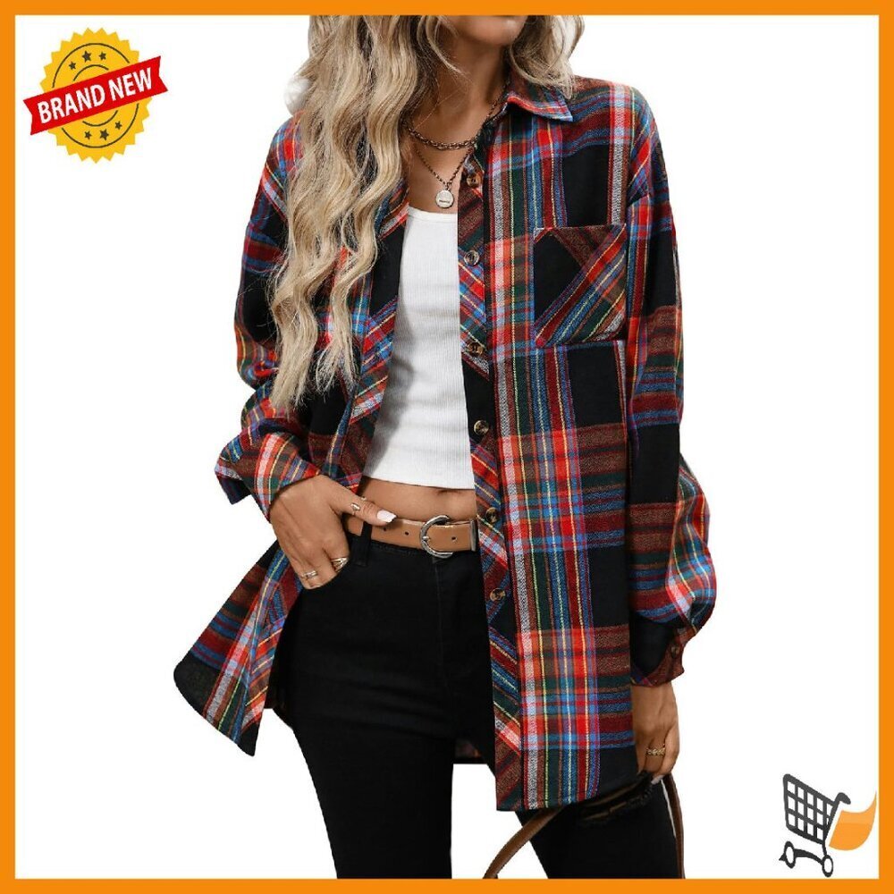 Oversized Flannel Button Down Shirt Lightweight Long Sleeve Business Casual